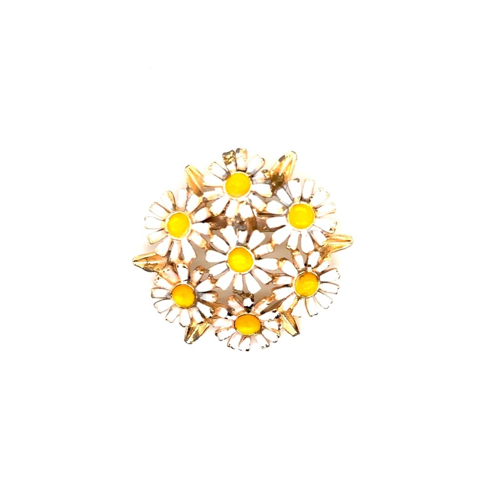 Vintage Enamel Daisy Cluster Brooch Gold Tone White Yellow Floral Pin